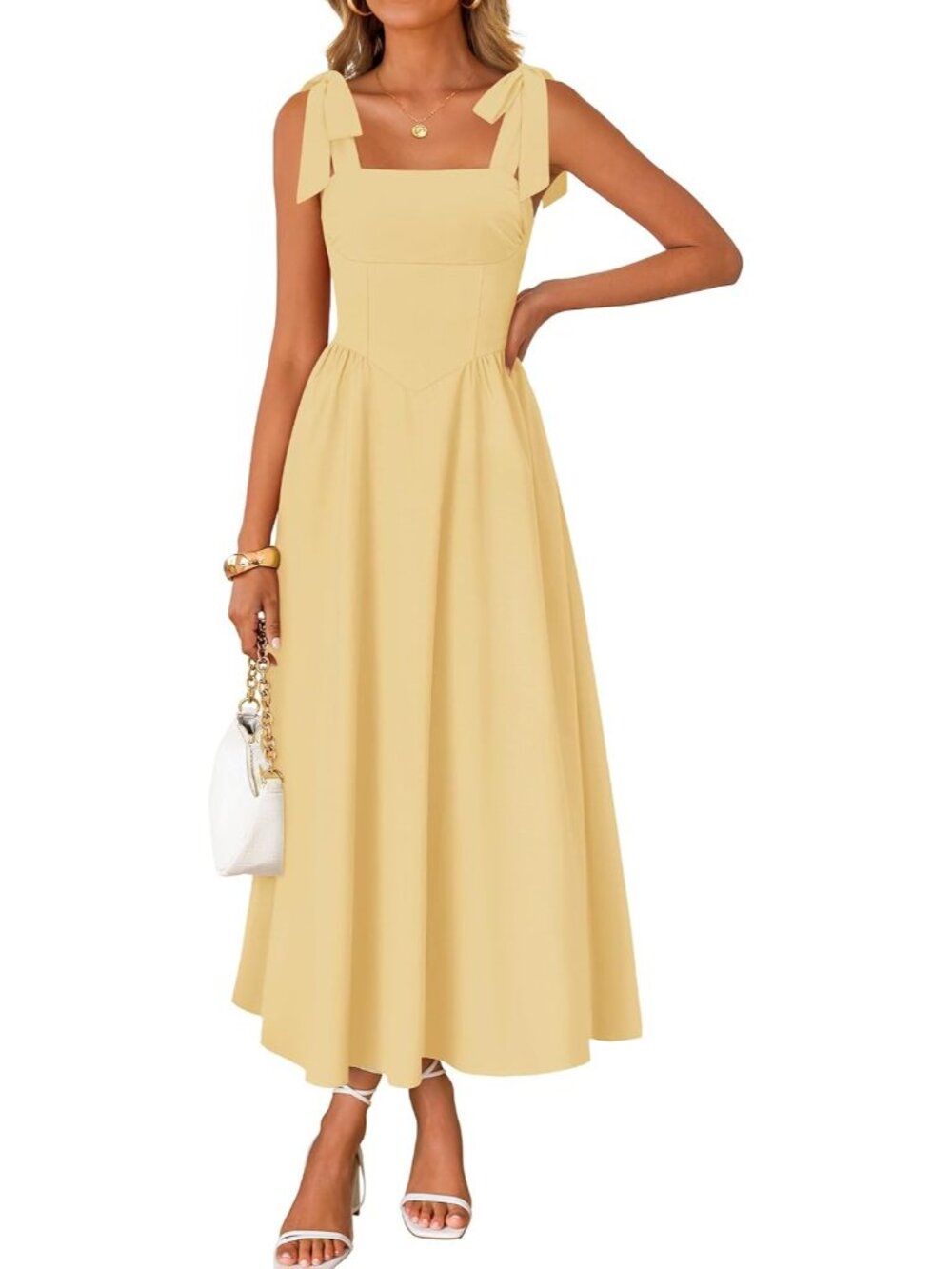 Women's Yellow Summer Tie Shoulder Spaghetti Strap Wedding Guest Maxi Dresses